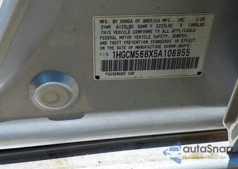 2005 Honda Accord 2.4 Ex from USA, damaged, VIN 1HGCM568X5A106955